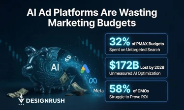 infographic showing 32% of PMax budgets go to untargeted search terms, $172B in ad spend lost to unmeasured AI optimization by 2028, and 58% of CMOs pressured to prove marketing's value