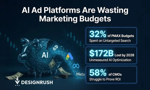 infographic showing 32% of PMax budgets go to untargeted search terms, $172B in ad spend lost to unmeasured AI optimization by 2028, and 58% of CMOs pressured to prove marketing's value