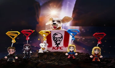 KFC Supergirl collectibles with Puppy Krypto inside a KFC bucket