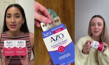 Three creator-style video frames show women holding AZO urinary and vaginal health products, including Dual Protection, Urinary Pain Relief, and a supplement bottle.