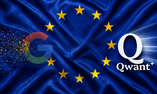 Crumbling Google logo and vibrant Qwant logo on an EU flag
