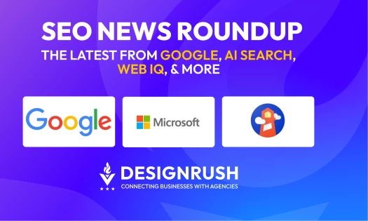 SEO News Roundup featuring Google, Microsoft, and Lighthouse logos on a purple background