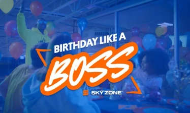 A kids party with a blue overlay and Sky Zone's "Birthday like a Boss" tagline is front and center in an orange and white contrast.