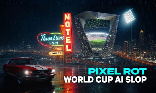 A red vintage car by a neon motel sign in the rain, featuring a futuristic stadium and "PIXEL ROT WORLD CUP AI SLOP" text overlay.