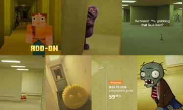 A collage of the brands that hopped on the "Backrooms" trend.