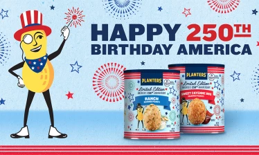 Mr. Peanut holds a sparkler beside limited-edition PLANTERS Ranch and Sweet Cayenne BBQ cans celebrating America’s 250th birthday.