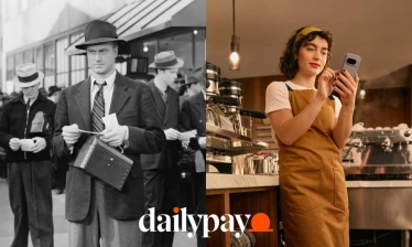 A vintage black and white photo of 1930's workers receiving their paycheck in stark contrast to an in-color modern photo of a barista on her phone.