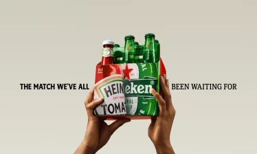 A co-branded Heinz and Heineken six-pack shows one ketchup bottle replacing a beer bottle under the line “The match we’ve all been waiting for.”