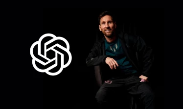 A split-screen image shows Lionel Messi with an AI-generated blue-and-white hairstyle beside him seated next to the ChatGPT logo.