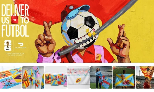 An illustration of a person with a football head and gold tooth crossing fingers. A series of similar styled flags and banners at the bottom of the image.