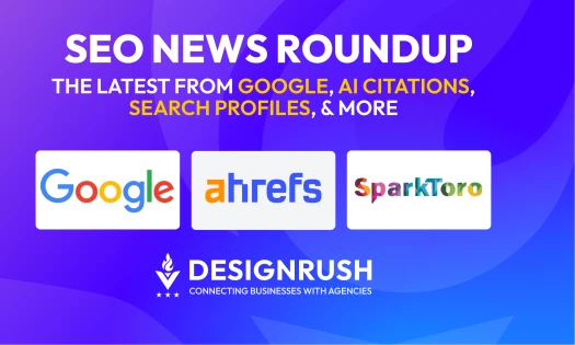 SEO News Roundup featuring Google, Ahrefs, and SparkToro logos on a purple background.