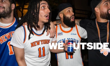Four New York Knicks fans react excitedly while one holds a Pepsi can, with “WE OUTSIDE” text across the image.