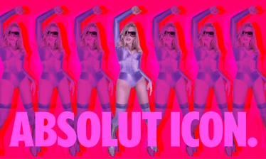 Madonna in a purple bodysuit and sunglasses appears repeatedly against a hot pink background with large “ABSOLUT ICON.” text across the bottom.