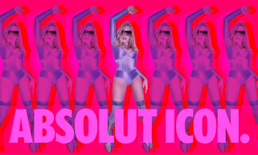 Madonna in a purple bodysuit and sunglasses appears repeatedly against a hot pink background with large “ABSOLUT ICON.” text across the bottom.