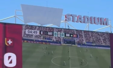 Levi's Stadium sign with the Levi's logo covered in a white tarp.