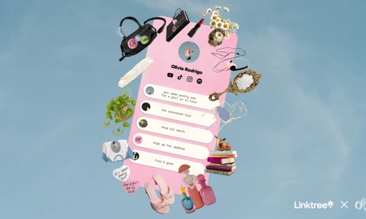 A pink Olivia Rodrigo Linktree page appears with custom stickers including kitten heels, flowers, books, lipstick, headphones, and album-themed objects.