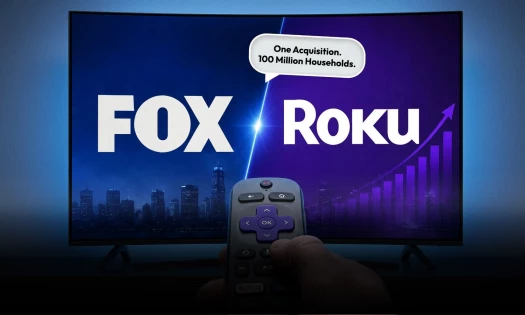 A smart TV screen with FOX on the left and Roku on the right with a city scape and accelerating graph as the background. In the forefront is a hand holding a remote.