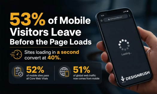 Infographic showing 53% of mobile visitors leave before a page loads, with 52% of mobile sites passing all Core Web Vitals and 51% of global web traffic coming from mobile.