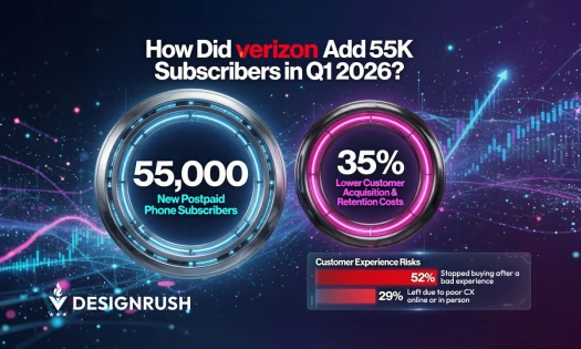 Infographic titled "How Did Verizon Add 55K Subscribers in Q1 2026?" features two large circular data highlights: 55,000 New Postpaid Phone Subscribers and 35% Lower Customer Acquisition & Retention Costs. A "Customer Experience Risks" section notes that