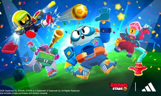 Brawl Stars' game characters in Adidas branding on a gamified football field