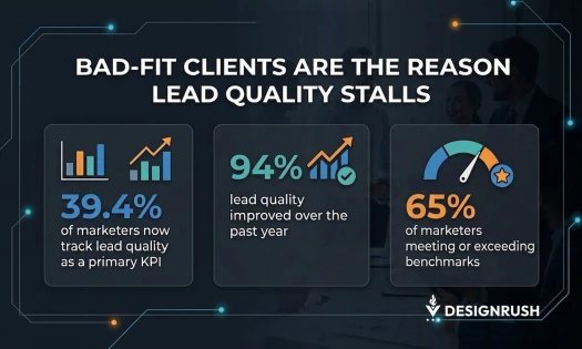 Infographic showing 39.4% of marketers track lead quality as a primary KPI, 94% saw lead quality improve over the past year, and 65% are meeting or exceeding benchmarks.