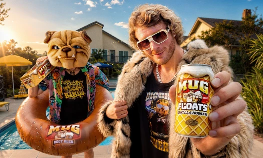 MUG's mascot and Yung Gravy by the pool