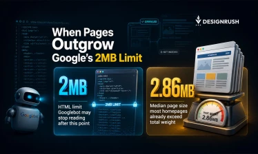 An infographic by DesignRush titled 'When Pages Outgrow Google’s 2MB Limit'. It contrasts a blue-glowing 2MB HTML limit box featuring a small Googlebot robot against a yellow-glowing 2.86MB section. The 2.86MB side shows a stack of homepage wireframes bei