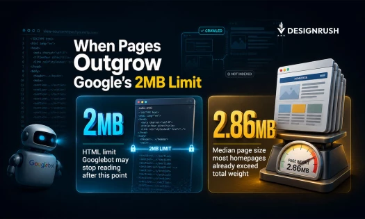 An infographic by DesignRush titled 'When Pages Outgrow Google’s 2MB Limit'. It contrasts a blue-glowing 2MB HTML limit box featuring a small Googlebot robot against a yellow-glowing 2.86MB section. The 2.86MB side shows a stack of homepage wireframes bei
