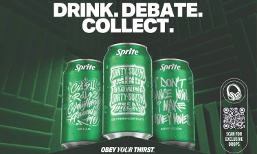 Three Sprite cans each with a hip-hop lyric printed on the packaging.