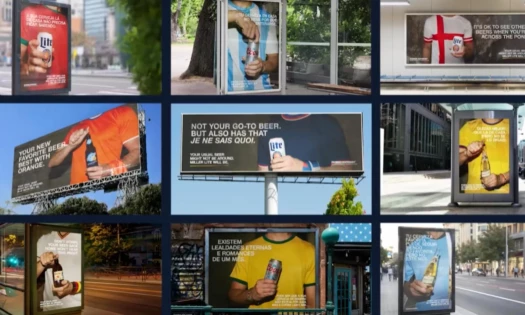 Various OOH placements of Molson Coors "The Beer Fling" in different languages and drinkers wearing shirts representing different countries.
