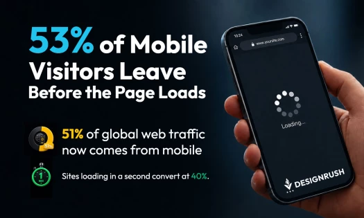 Infographic showing 53% of mobile visitors leave before a page loads, with 52% of mobile sites passing all Core Web Vitals and 51% of global web traffic coming from mobile.