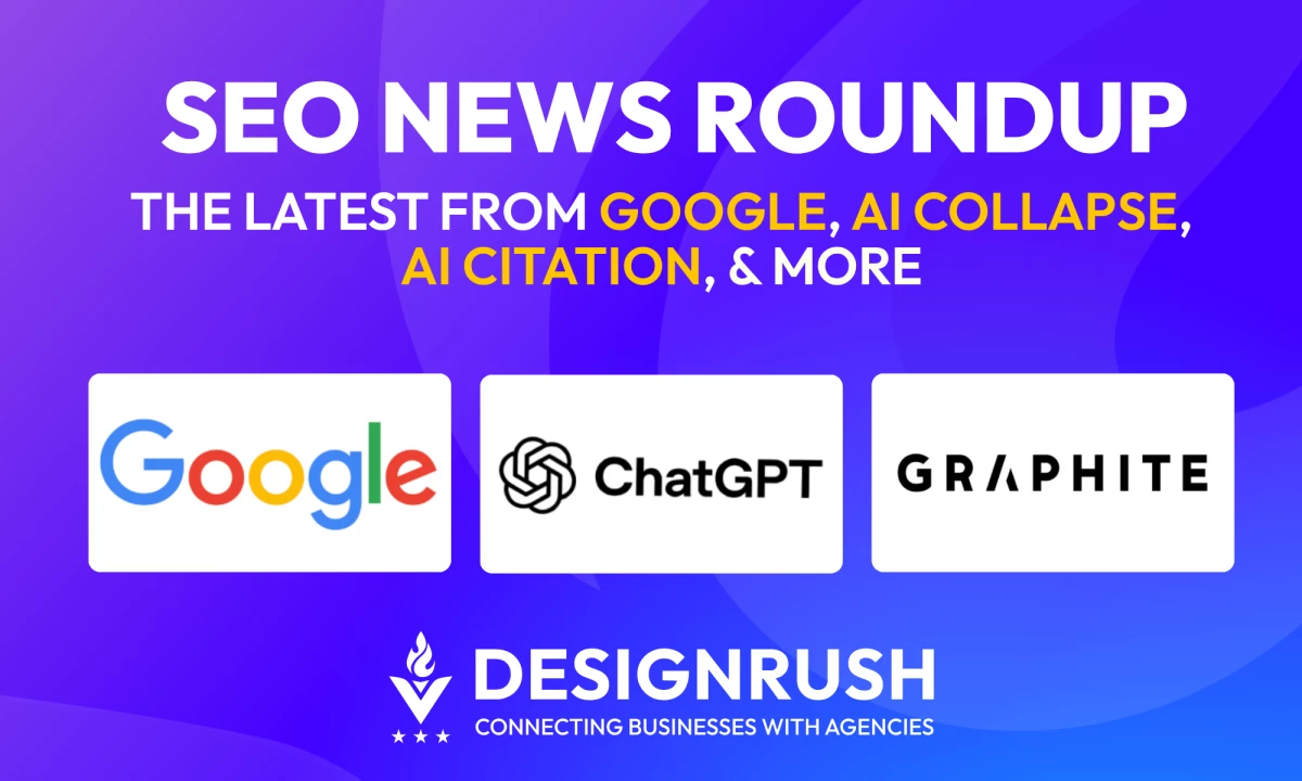 SEO News Roundup featuring Google, ChatGPT, and Graphite logos on a purple background.