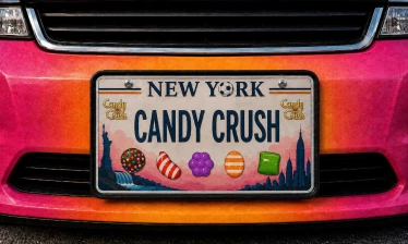 New York cab license plate reading "Candy Crush" with the game logo and candy-branding.