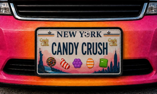 New York cab license plate reading "Candy Crush" with the game logo and candy-branding.