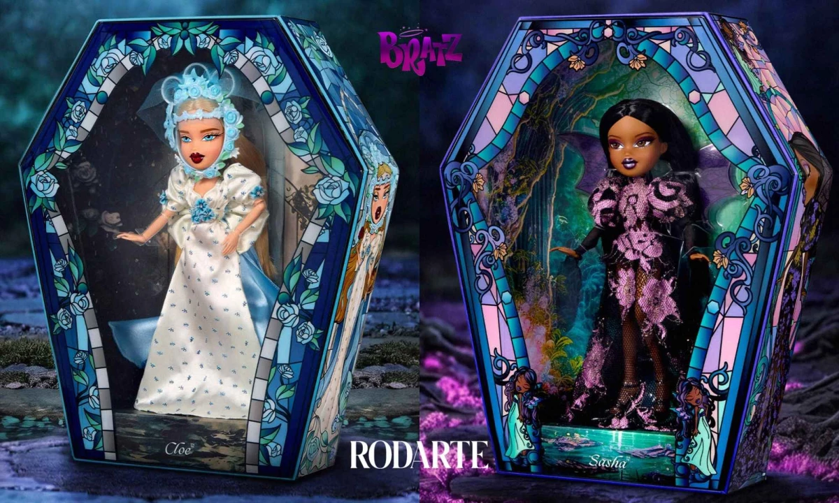 Bratz x Rodarte collector dolls Cloe and Sasha in their stylized box.