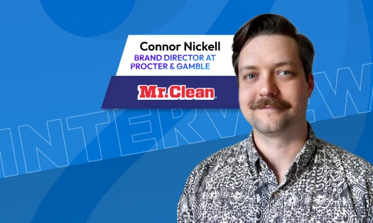 Portrait of Connor Nickell beside text reading “Connor Nickell, Brand Director at Procter & Gamble,” with the Mr. Clean logo on a blue interview graphic.