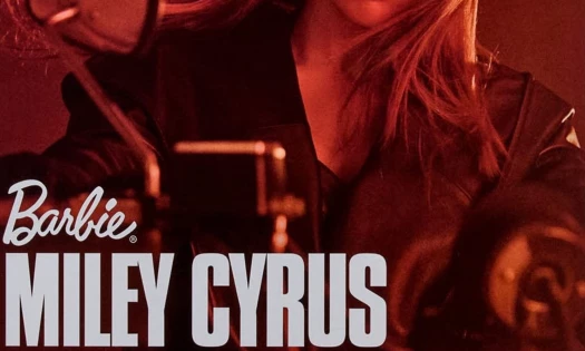 Miley Cyrus on a bike with Barbie logo and the artist's name printed over red hue.