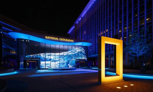 Nighttime photo of the entrance to the National Geographic Museum of Exploration.