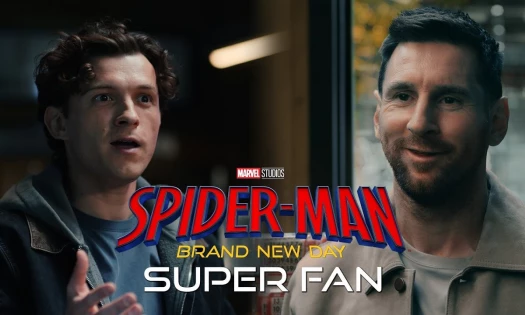 Tom Holland and Lionel Messi with Spider-Man: Brand New Day "Super Fan" headline.