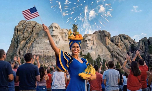 Miss Chiquita holds a bunch of bananas and the American flag. She stands in front Mount Rushmore and a cheering crowd.