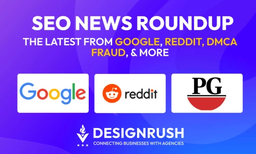 SEO News Roundup featuring Google, Reddit, and Press Gazette logos on a purple background.