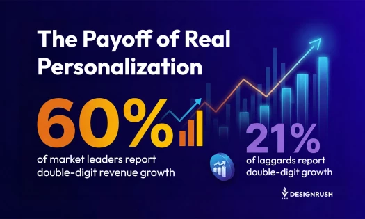 Infographic titled "The Payoff of Real Personalization" showing 60% of market leaders report double-digit revenue growth versus 21% of laggards, over an upward-trending bar chart.
