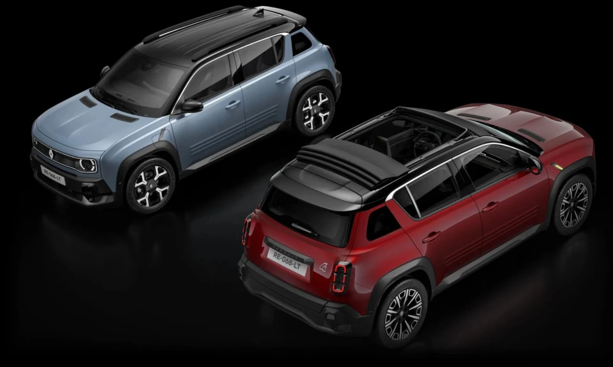 Renault 4 E-Tech electric front and back view with sunroof open and closed.