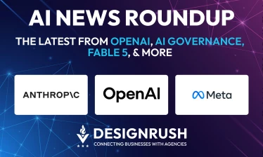 AI News Roundup graphic featuring OpenAI, Anthropic, and Meta logos on a dark gradient background with the DesignRush logo.