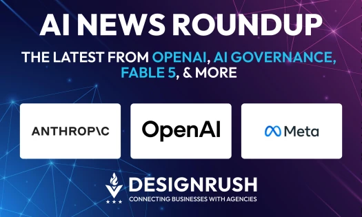 AI News Roundup graphic featuring OpenAI, Anthropic, and Meta logos on a dark gradient background with the DesignRush logo.