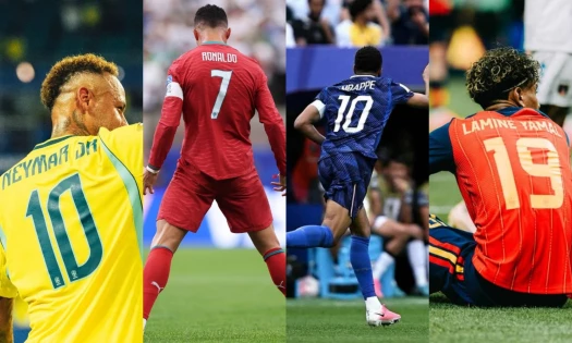 Neymar, Ronaldo, and Messi each in their respective country's kit during match games.