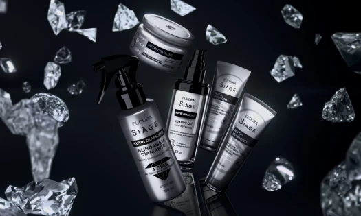 Eudora Sià ge Nutri Diamond hair care range with scattered diamonds surrounding it.