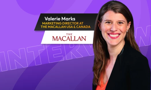 Purple interview graphic featuring a portrait and text identifying Valerie Marks as marketing director at The Macallan USA and Canada.