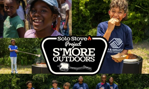 Kids in outdoor activities with "Solo Stove Project S'More Outdoors" branding