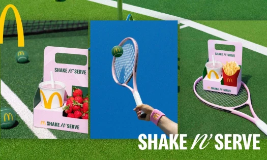 McDonald's Shake n' Serve box meals with strawberries, branded tennis balls, and pink tennis rackets taken on grass tennis court.